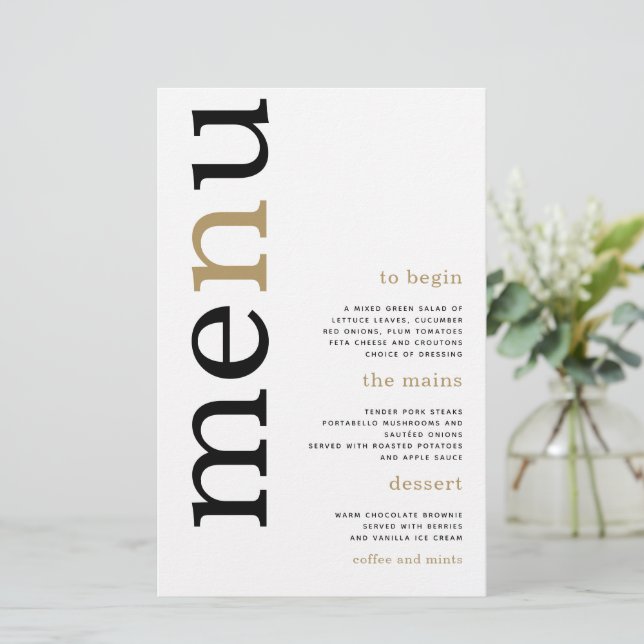 BUDGET Black Gold Typography White Wedding Menu (Standing Front)