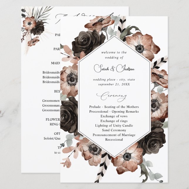 Budget Black &NaturalFloral Boho Wedding Program M (Front/Back)