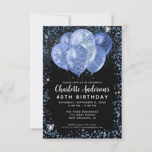 Budget Black Navy Blue Glitter Balloon Birthday Card (Front)