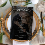 Budget black overlay photo wedding menu<br><div class="desc">Simple dark custom photo overlay black and white trendy minimalist chic calligraphy script custom text template BUDGET affordable wedding menu card.</div>