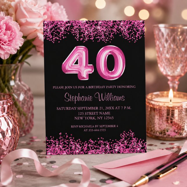 Budget Black Pink Glitzy 40th Birthday Party Flyer (Add details to customize your invitation.  Please see collection for matching items.)