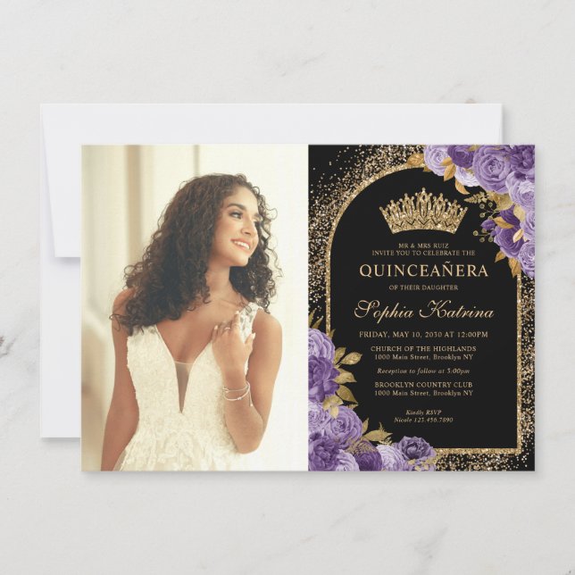 Budget Black Purple Gold Floral Photo Quinceanera Card (Front)