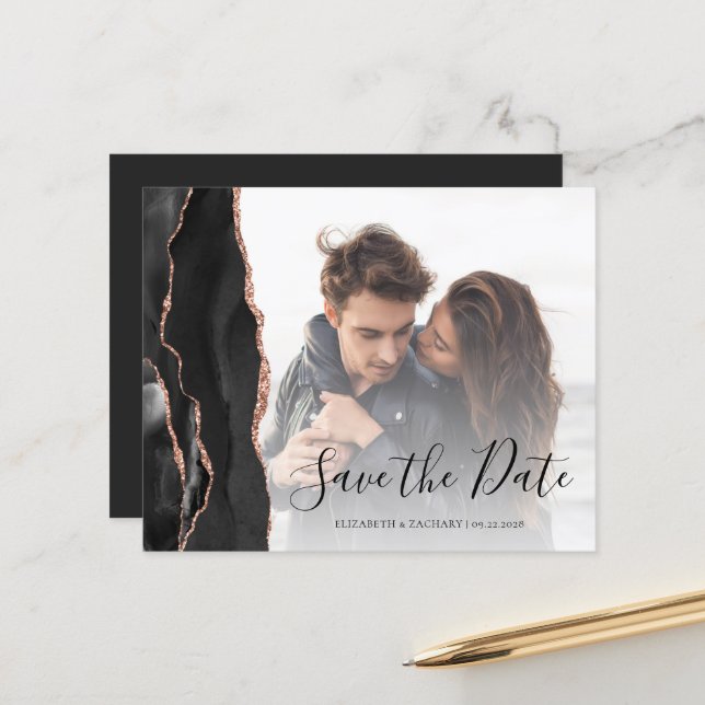 Budget Black Rose Gold Agate 6-Photo Save the Date (Front/Back In Situ)