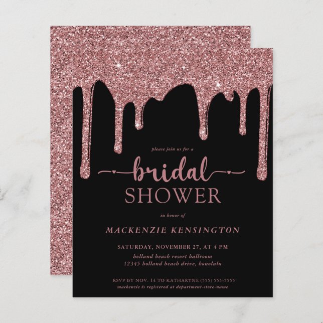 Budget Black Rose Gold Glitter Drips Bridal Shower (Front/Back)