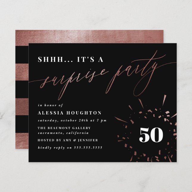 Budget Black & Rose Gold Script Surprise Party (Front/Back)