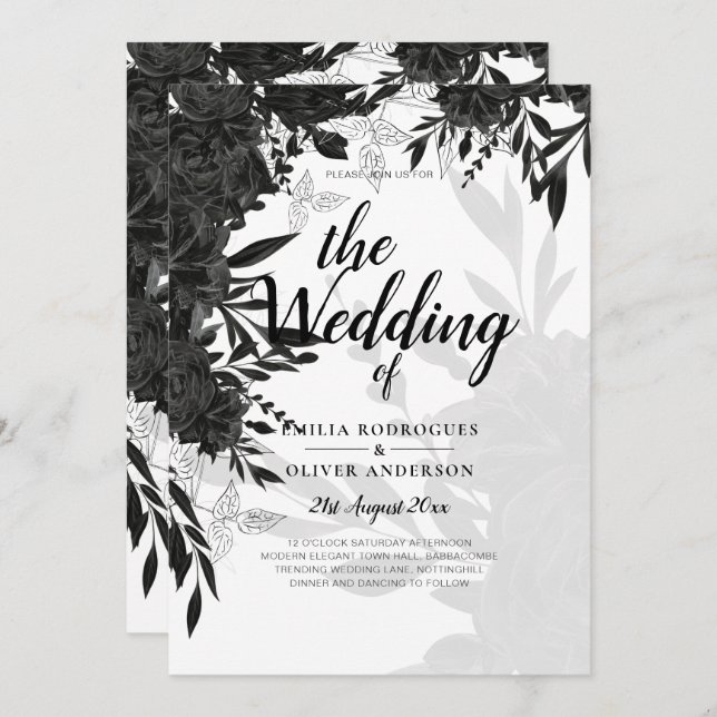 BUDGET Black Roses Elegant White Wedding Invite (Front/Back)