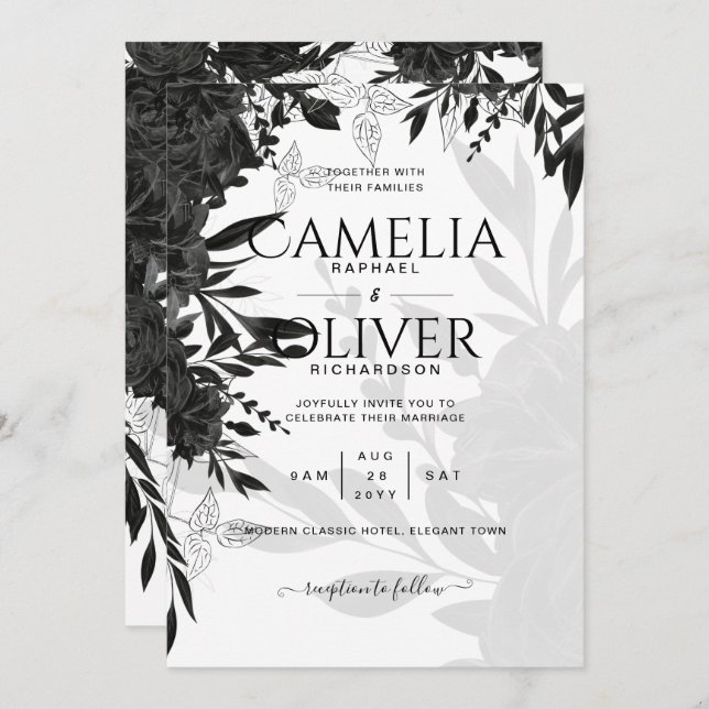 BUDGET Black Roses Elegant White Wedding Invite (Front/Back)