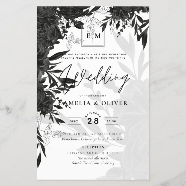 BUDGET Black Roses Elegant White Wedding Invite Flyer (Front)