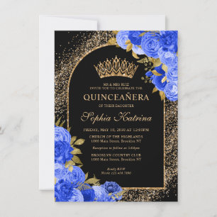 Budget Black Royal Blue Gold Floral Quinceanera Card