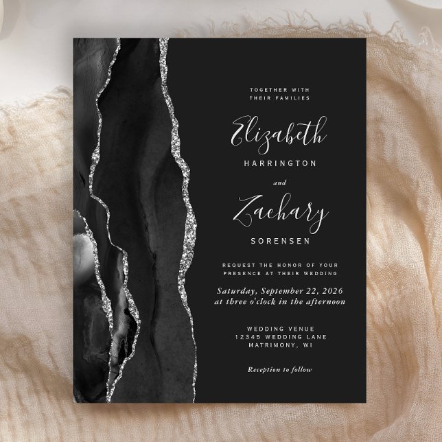 Budget Black Silver Agate Dark Wedding Invitation (Creator Uploaded)