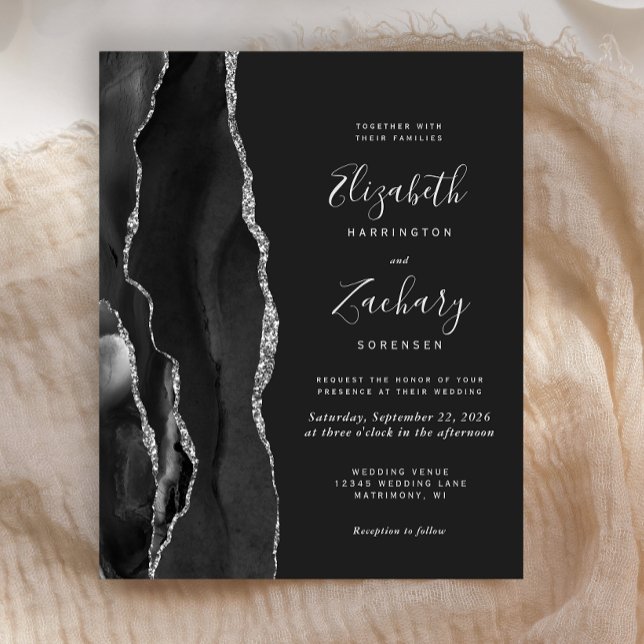Budget Black Silver Agate Dark Wedding Invitation (Creator Uploaded)