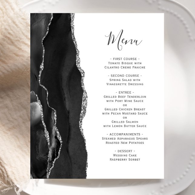 Budget Black Silver Agate Wedding Menu (Creator Uploaded)