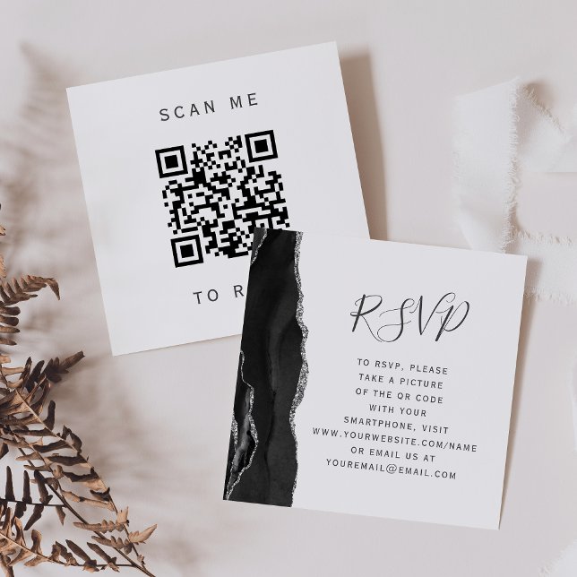 Budget Black Silver Agate Wedding QR Code RSVP Enclosure Card (Creator Uploaded)