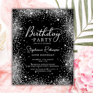 Budget Black Silver Glitter 50th Birthday Invite