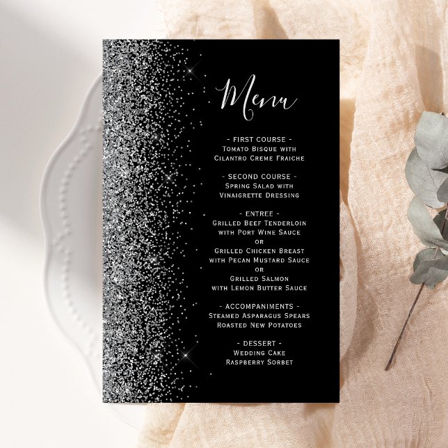 Budget Black Silver Glitter Wedding Menu (Creator Uploaded)