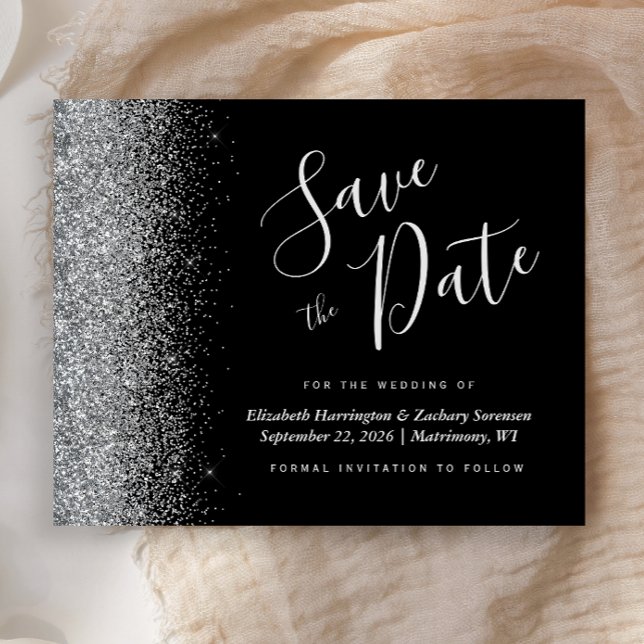 Budget Black Silver Glitter Wedding Save the Date (Creator Uploaded)
