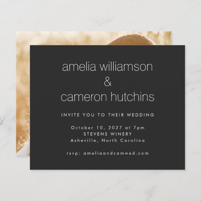 Budget Black Simple Photo Wedding Invitation (Front/Back)