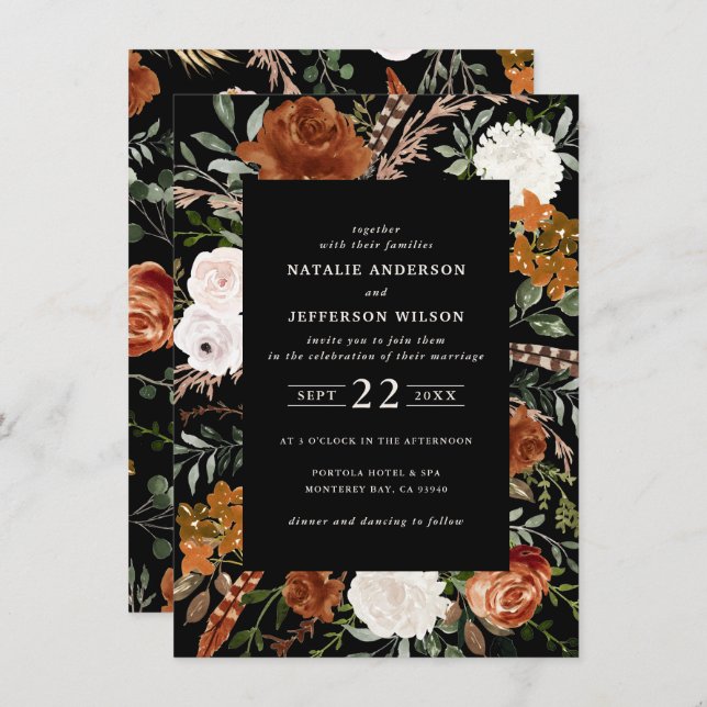 Budget black terracotta floral rustic elegant flye invitation (Front/Back)