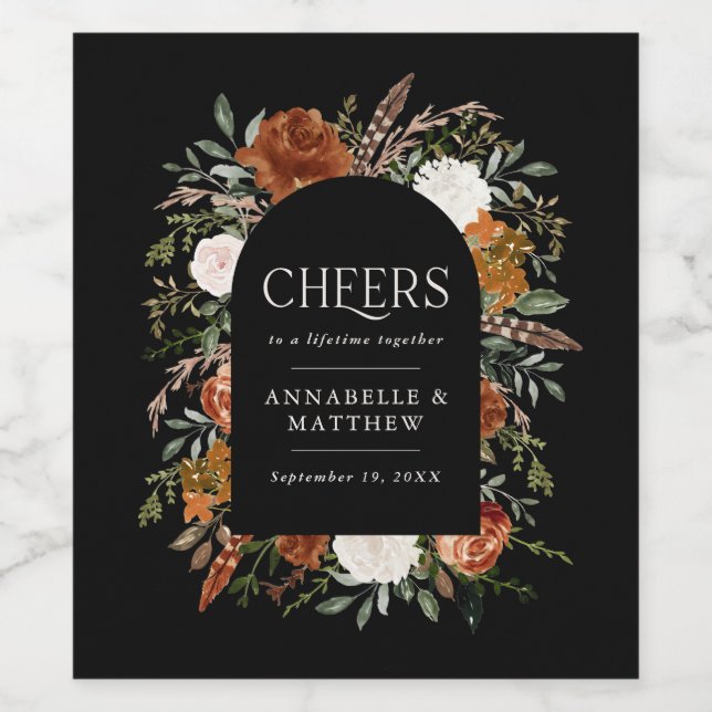 Budget black, Terracotta floral wedding favour gif Wine Label (Single Label)