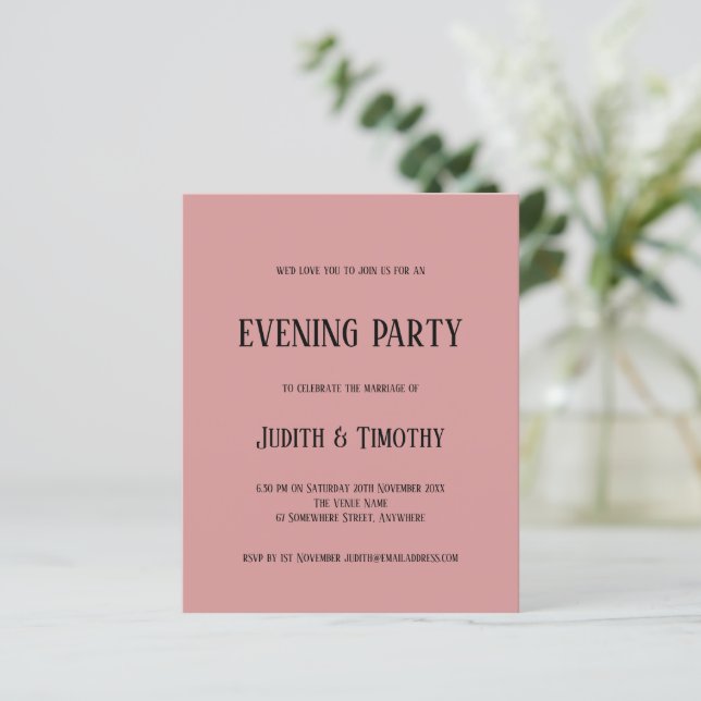 Budget Black Text Dusty Pink Evening Party Invite (Standing Front)
