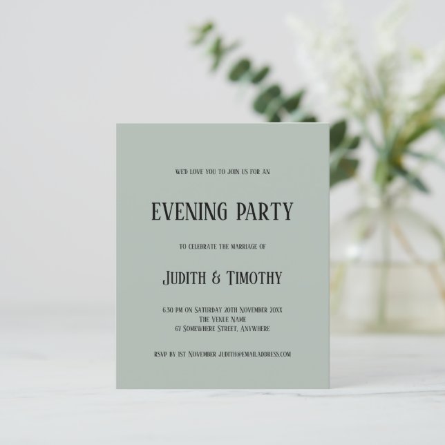 Budget Black Text Sage Green Evening Party Invite (Standing Front)