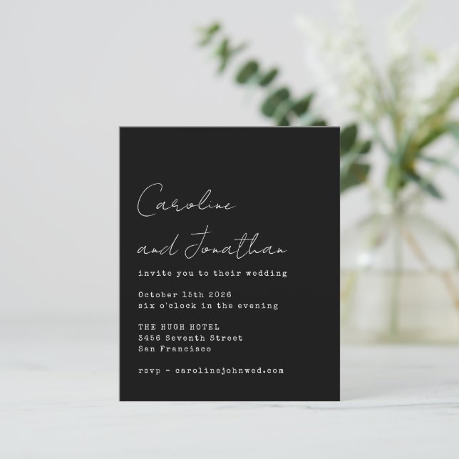 Budget Black Typewriter Script Wedding Invite (Standing Front)