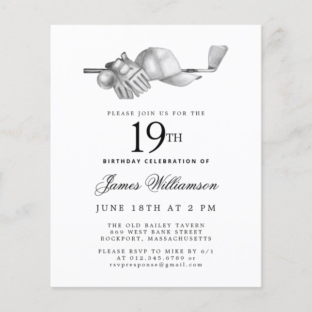 Budget Black White Golf 19th Birthday Invitation (Front)