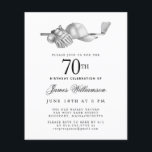 Budget Black White Golf 70th Birthday Invitation<br><div class="desc">Elegant black and white birthday invitation for a golfer. The top of the invitation is decorated with golf accessories - a golf club, golf ball, hat and gloves. The watercolor design creates a traditional and classic aesthetic. Perfect for a birthday bash at the club or a backyard BBQ. All of...</div>