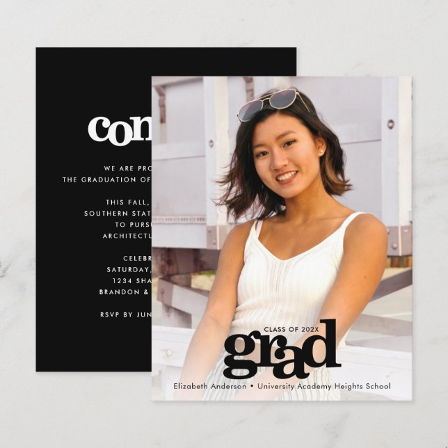 Budget black white graduation photo invitation (Front/Back)