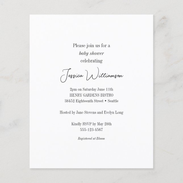 Budget Black White Minimalist Baby Shower Invite (Front)