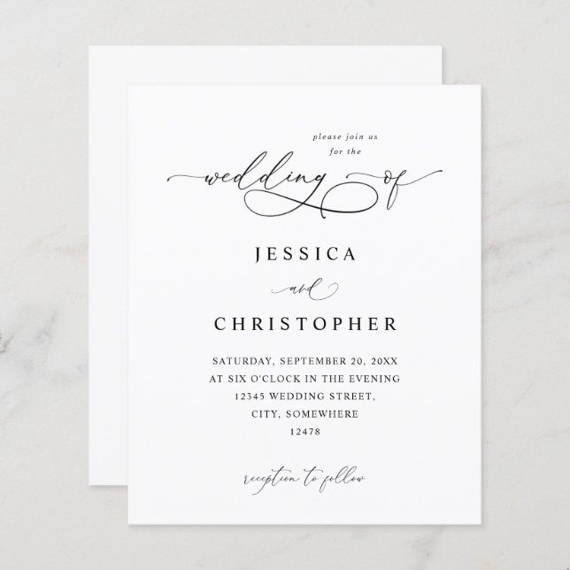 Budget Black & White Modern Calligraphy 3 Wedding  (Front/Back)