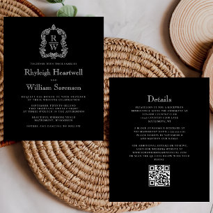 Budget Black White Monogram Crest QR Code Wedding