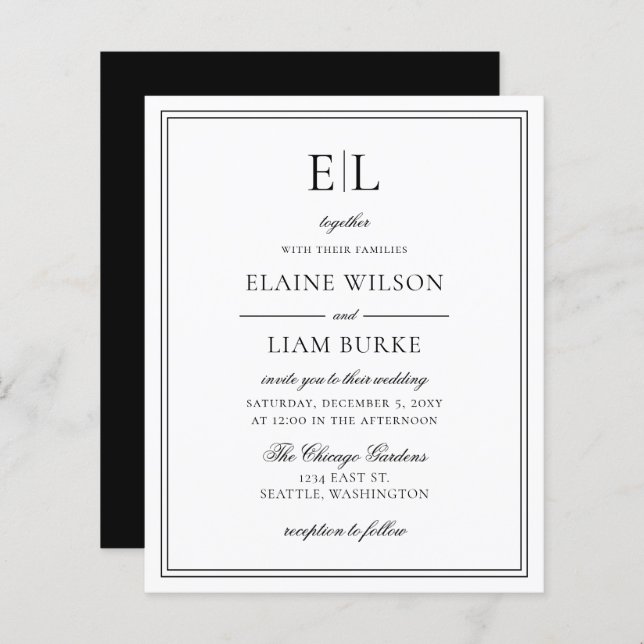Budget Black White Monogram Wedding Invitation (Front/Back)