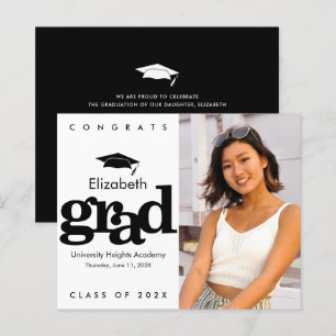 Budget Black White Photo Graduation Cap Invitation