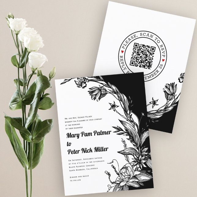 BUDGET Black, white QR RSVP wedding invitation (Creator Uploaded)