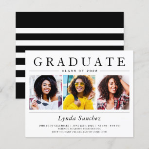 Budget Black White Three Photo Graduation Invitati