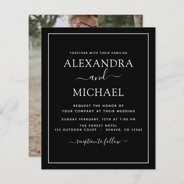 Budget Black White Wedding with Photo Invitation (Front/Back)