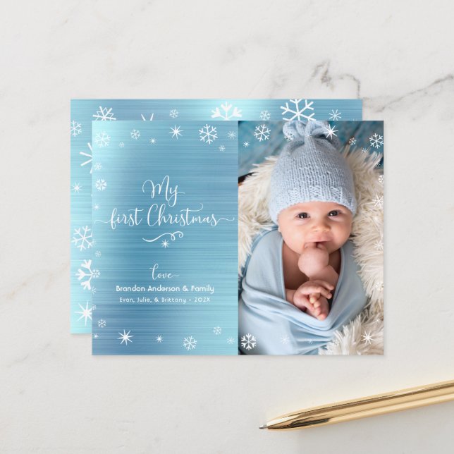 Budget Blue 1st Holiday Baby Photo Snowflakes Card (Front/Back In Situ)