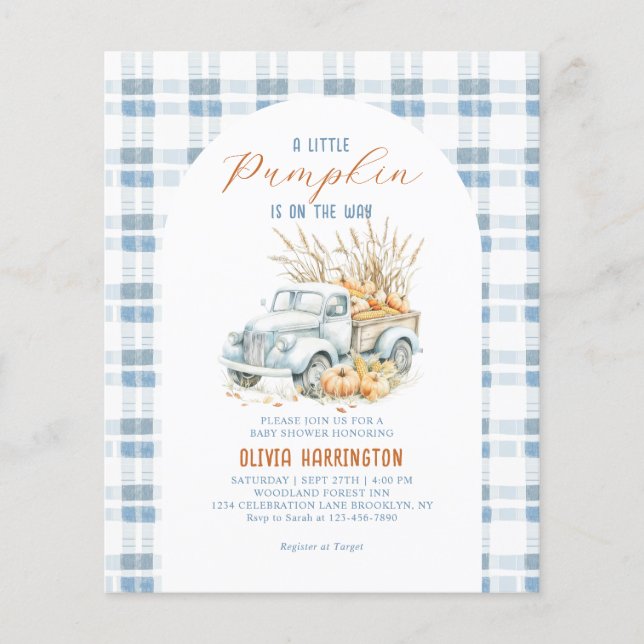 BUDGET Blue A little Pumpkin Truck Boy Baby Shower (Front)