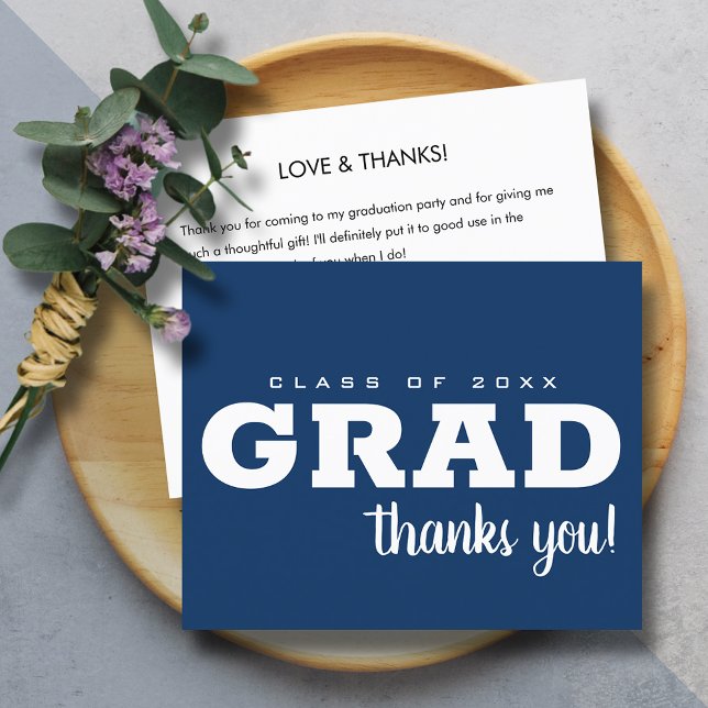 Budget Blue and White Grad Thank You Note (Budget thank you is printed on affordable 110 lb paper (lighter than our invitation paper.))