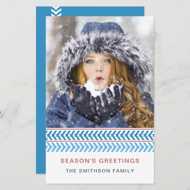 Budget Blue and White Stitches Photo Holiday Card (Front/Back)