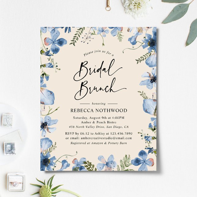 Budget Blue Beige Floral Bridal Brunch Invitation (Creator Uploaded)