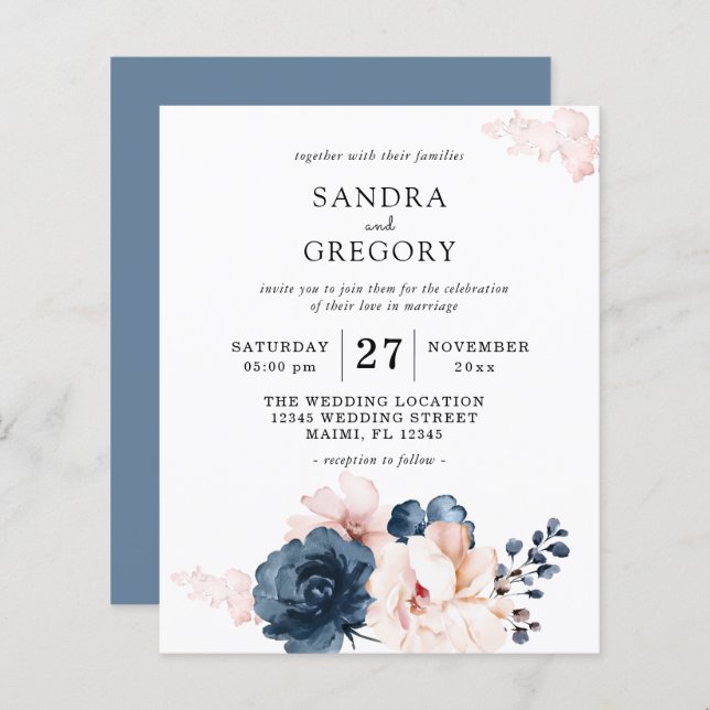Budget Blue, Blush Pink Blue Floral Wedding Flyer (Front/Back)