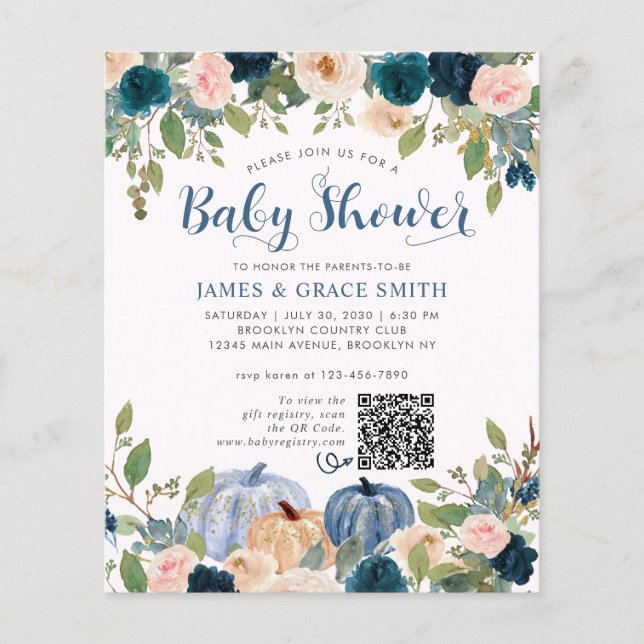 Budget Blue Blush Pink Floral Pumpkin Baby Shower (Front)