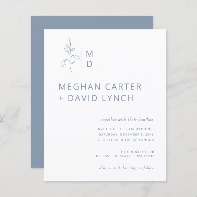 Budget Blue Botanical Monogram Wedding Invitation (Front/Back)