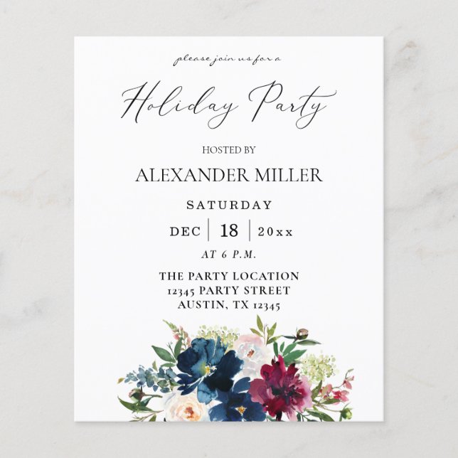 Budget Blue, Burgundy & White Floral Holiday Party Flyer (Front)