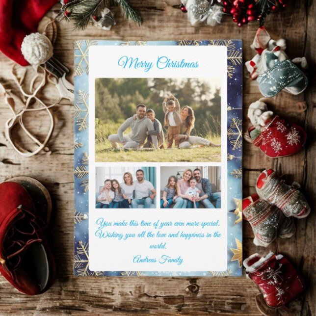 Budget Blue Christmas Plaid  3 Photo Holiday Card (Creator Uploaded)