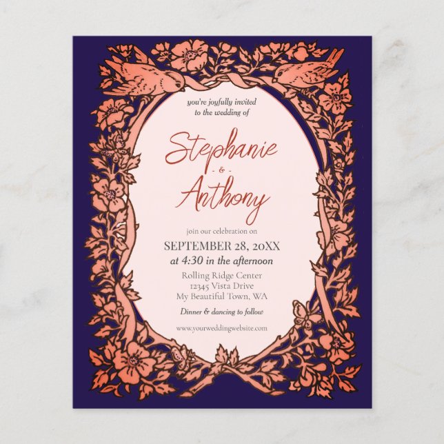 Budget Blue Copper Wildflower Wedding Invitation Flyer (Front)