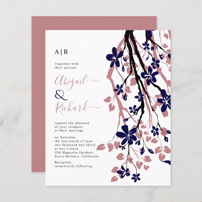 BUDGET Blue, dusty rose floral wedding invitation (Front/Back)