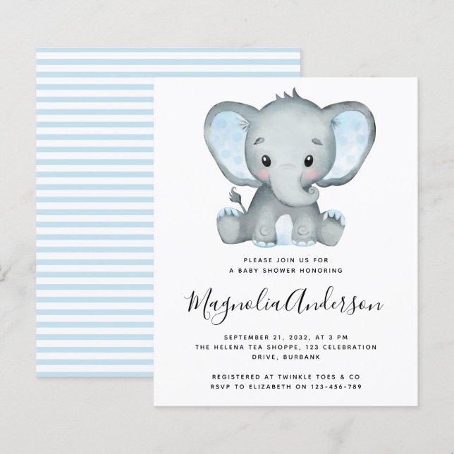 BUDGET Blue Elephant Baby Shower Invitation (Front/Back)